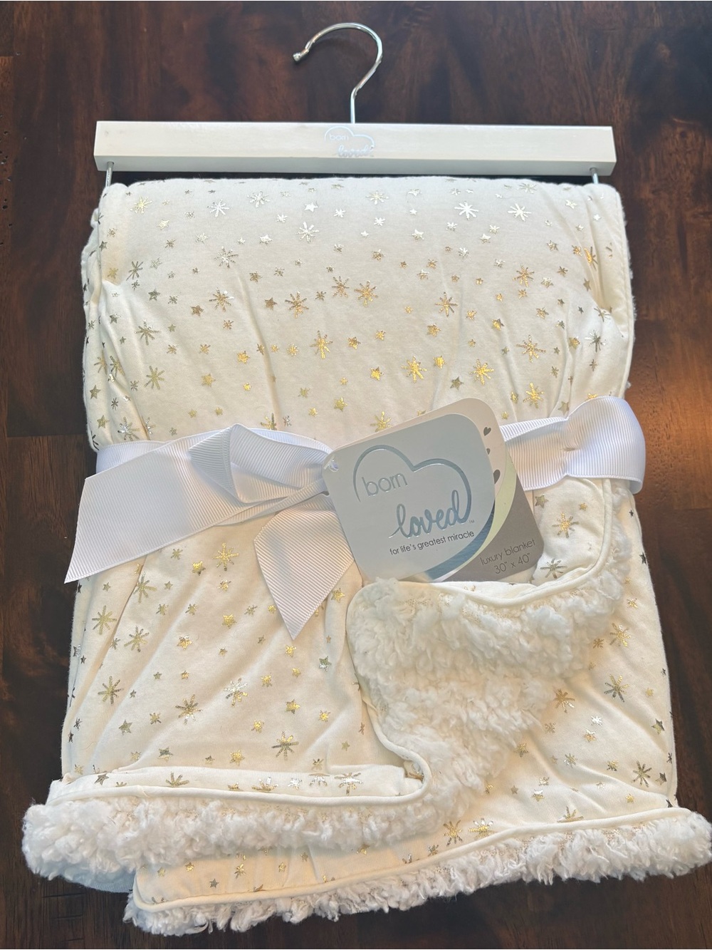 New Born Loved Cream Sherpa Baby Blanket with Gold Stars ⭐️